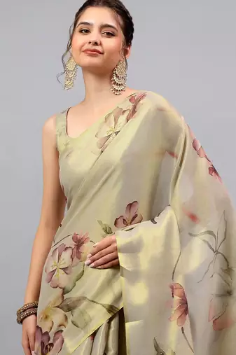 Beige tissue printed saree with blouse
