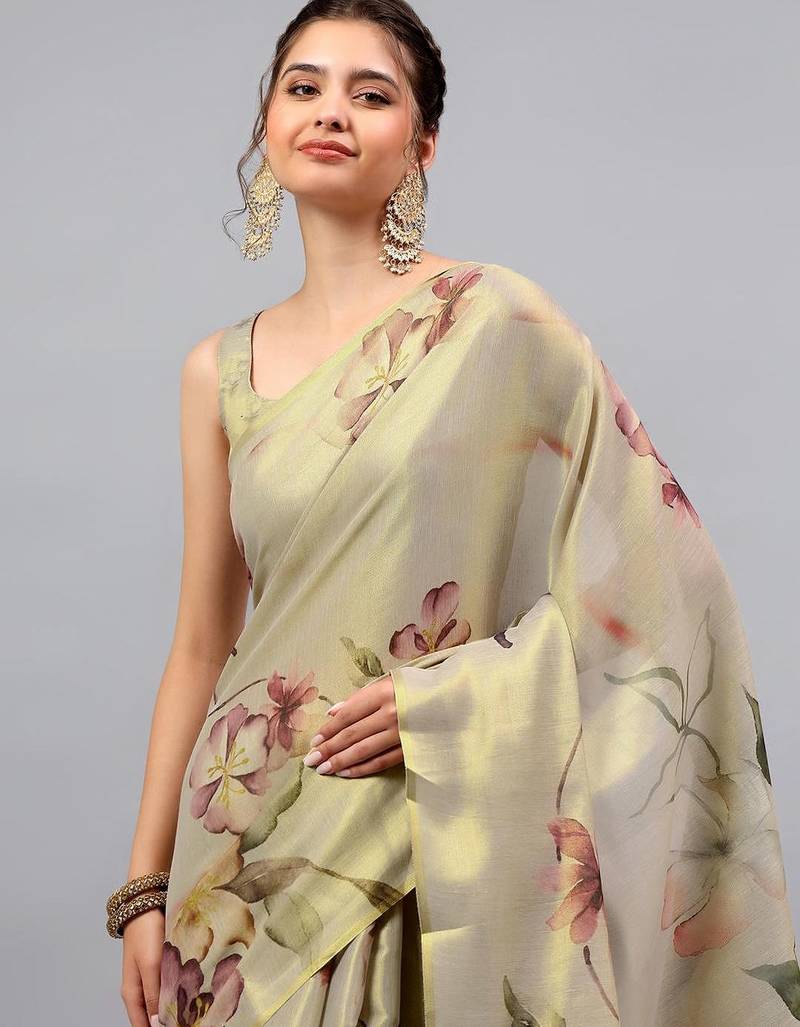 Beige tissue printed saree with blouse