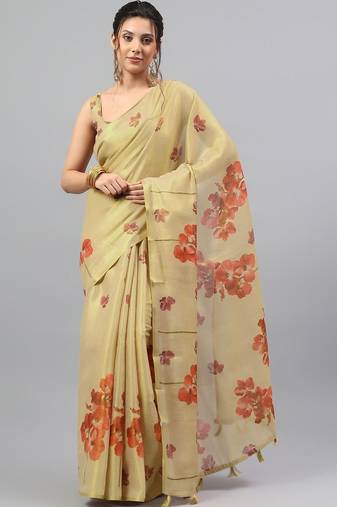 Cream tissue printed saree with blouse