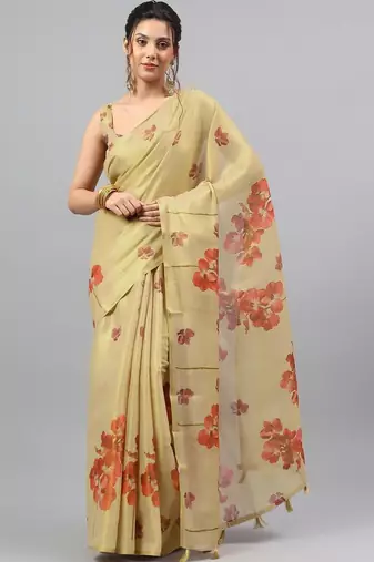 Cream tissue printed saree with blouse