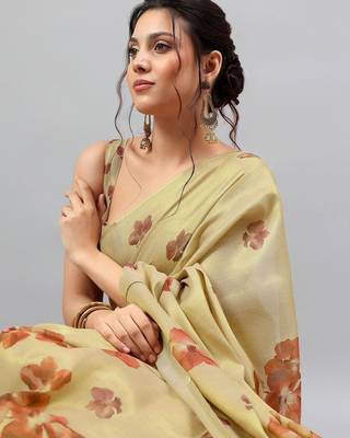 Cream tissue printed saree with blouse 2