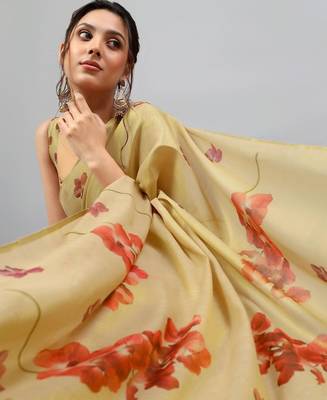 Cream tissue printed saree with blouse 3