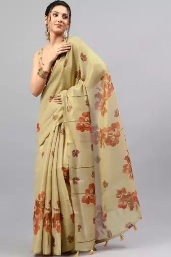 Cream tissue printed saree with blouse