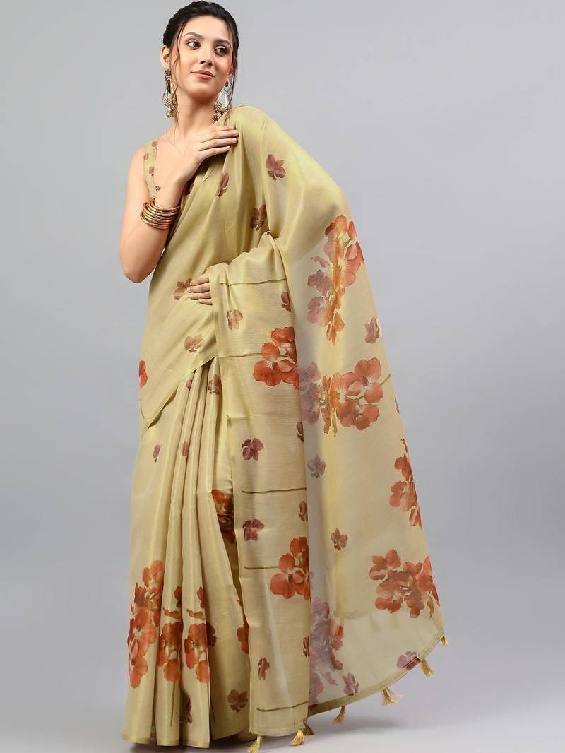 Cream tissue printed saree with blouse