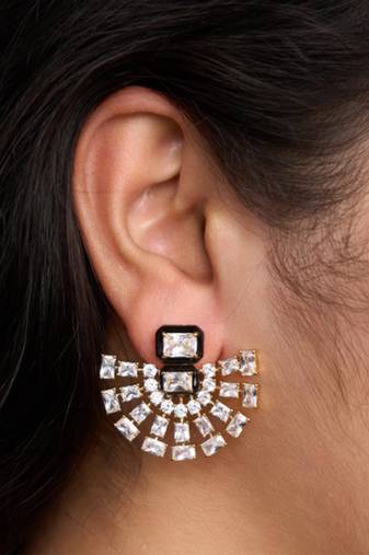 Gold plated black fan enamel earrings
