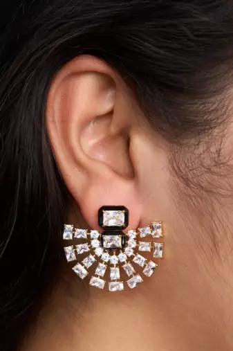 Gold plated black fan enamel earrings