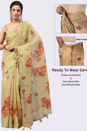 Cream tissue printed saree with blouse