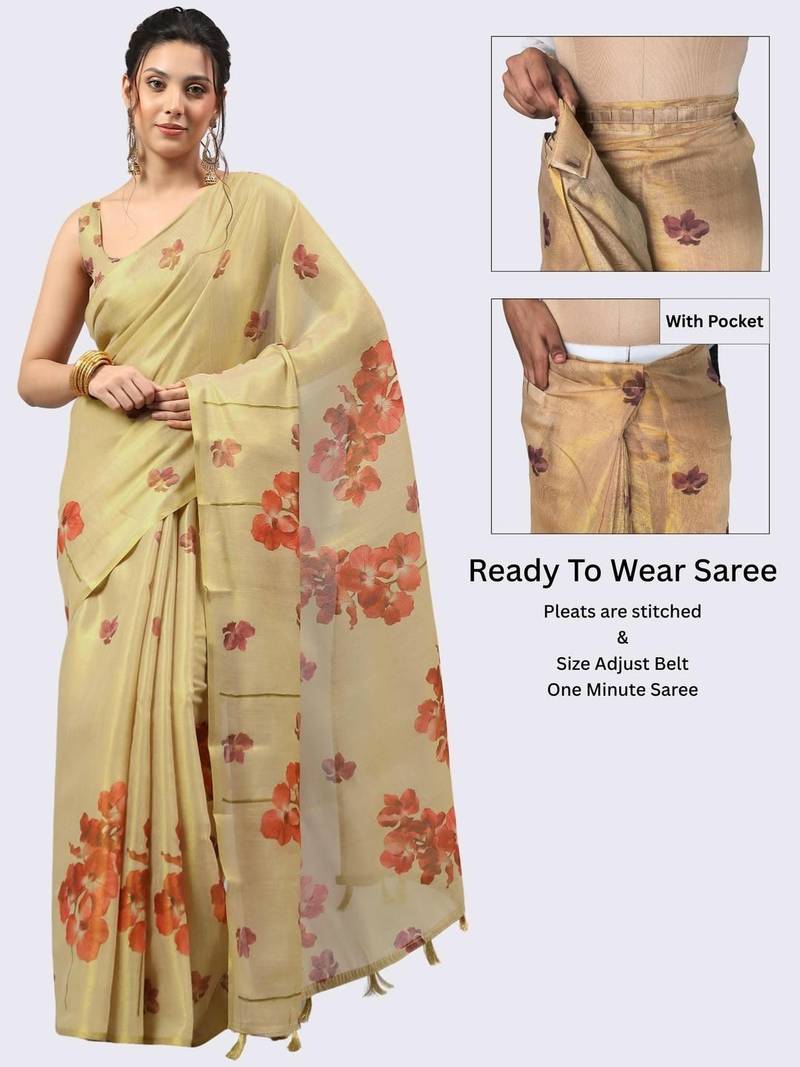 Cream tissue printed saree with blouse