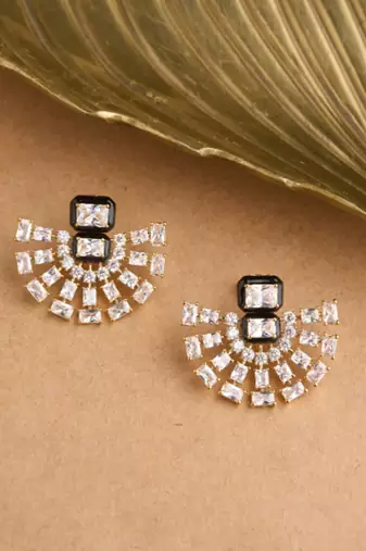 Gold plated black fan enamel earrings