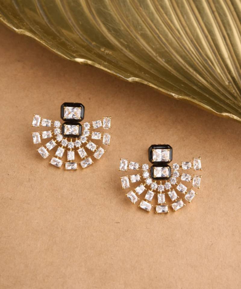 Gold plated black fan enamel earrings