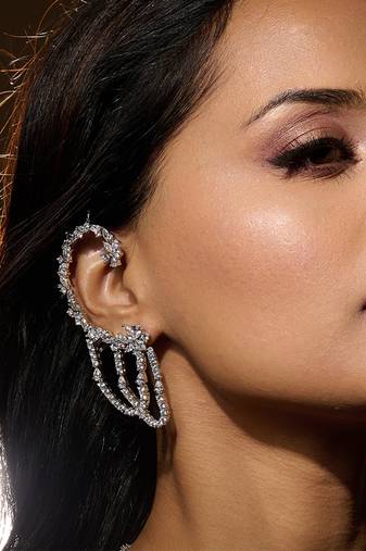 Silver plated diamond multi tiered ear cuff
