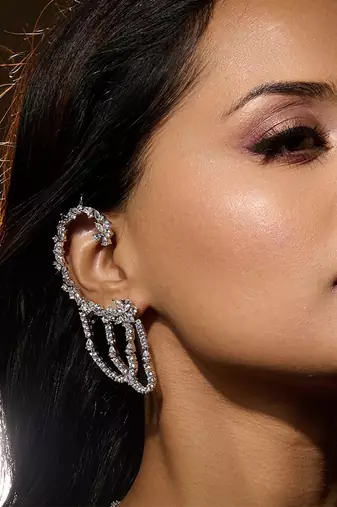 Silver plated diamond multi tiered ear cuff