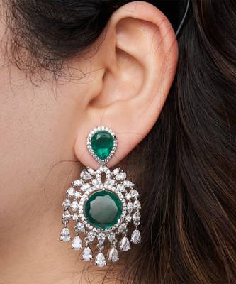 Silver plated green stone chandelier earrings 1