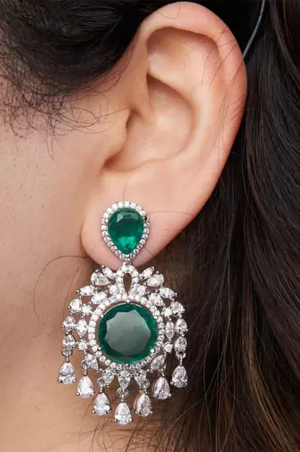 Silver plated green stone chandelier earrings