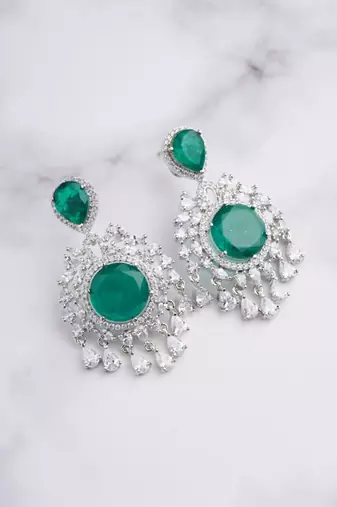 Silver plated green stone chandelier earrings