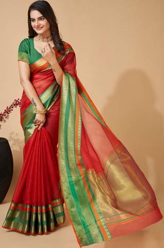 Red silk blend woven design saree with blouse
