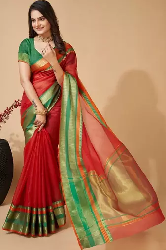 Red silk blend woven design saree with blouse