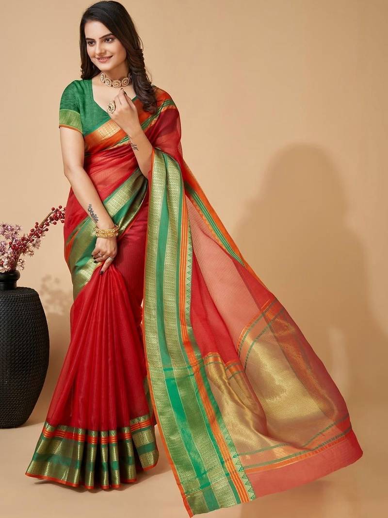 Red silk blend woven design saree with blouse