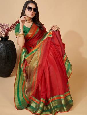 Red silk blend woven design saree with blouse 2