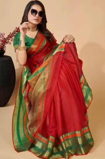 Red silk blend woven design saree with blouse