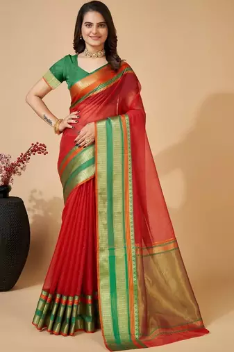 Red silk blend woven design saree with blouse
