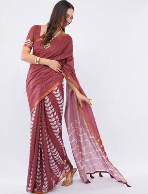 Maroon linen printed saree with blouse 1