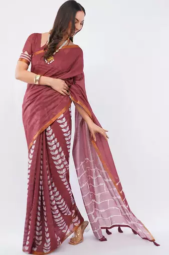 Maroon linen printed saree with blouse