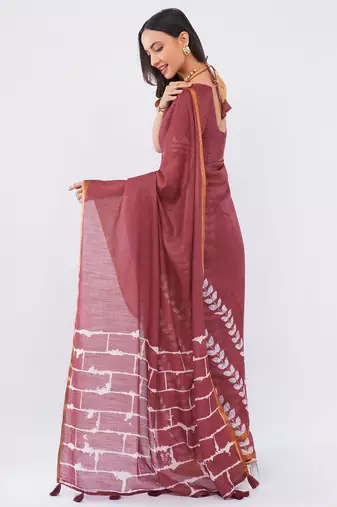 Maroon linen printed saree with blouse