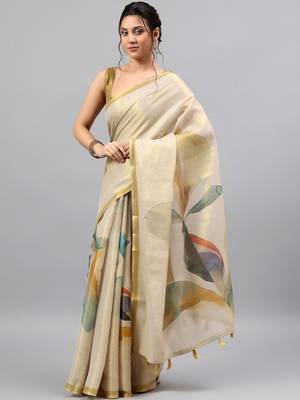 Off white tussar printed saree with blouse 1