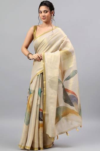 Off white tussar printed saree with blouse