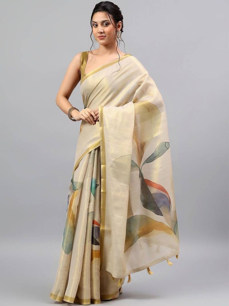Off white tussar printed saree with blouse