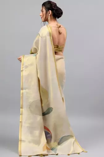 Off white tussar printed saree with blouse