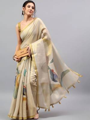 Off white tussar printed saree with blouse 3