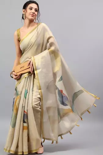 Off white tussar printed saree with blouse