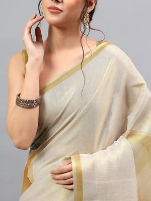 Off white tussar printed saree with blouse 4
