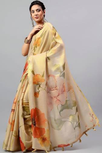 Beige tussar printed saree with blouse