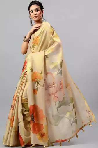 Beige tussar printed saree with blouse