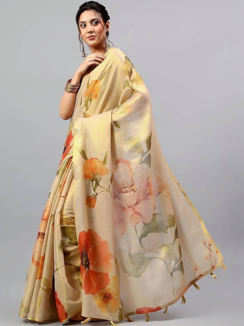 Beige tussar printed saree with blouse