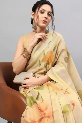 Beige tussar printed saree with blouse