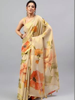 Beige tussar printed saree with blouse 3