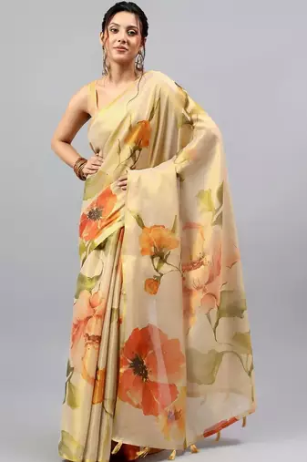 Beige tussar printed saree with blouse