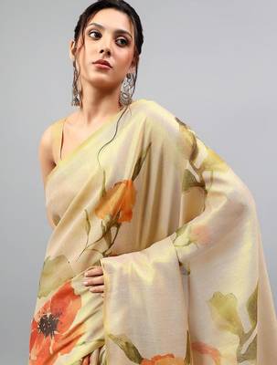 Beige tussar printed saree with blouse 5