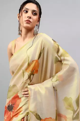 Beige tussar printed saree with blouse