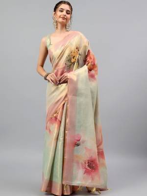 Green tussar printed saree with blouse 1