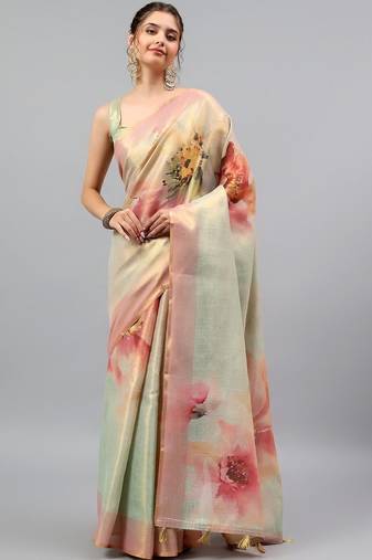 Green tussar printed saree with blouse