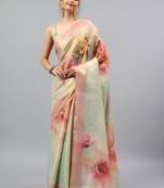 Green tussar printed saree with blouse