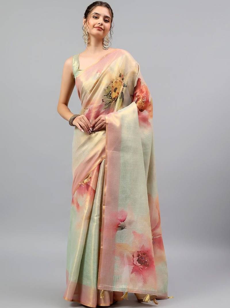 Green tussar printed saree with blouse