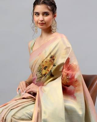 Green tussar printed saree with blouse 2