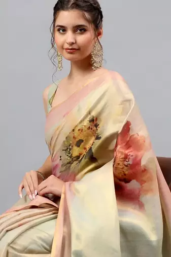 Green tussar printed saree with blouse