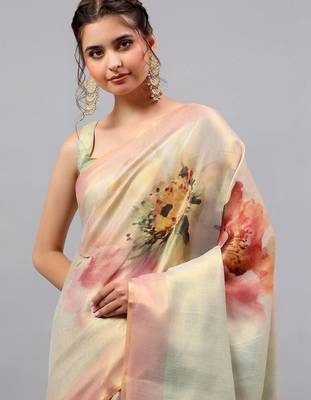 Green tussar printed saree with blouse 3